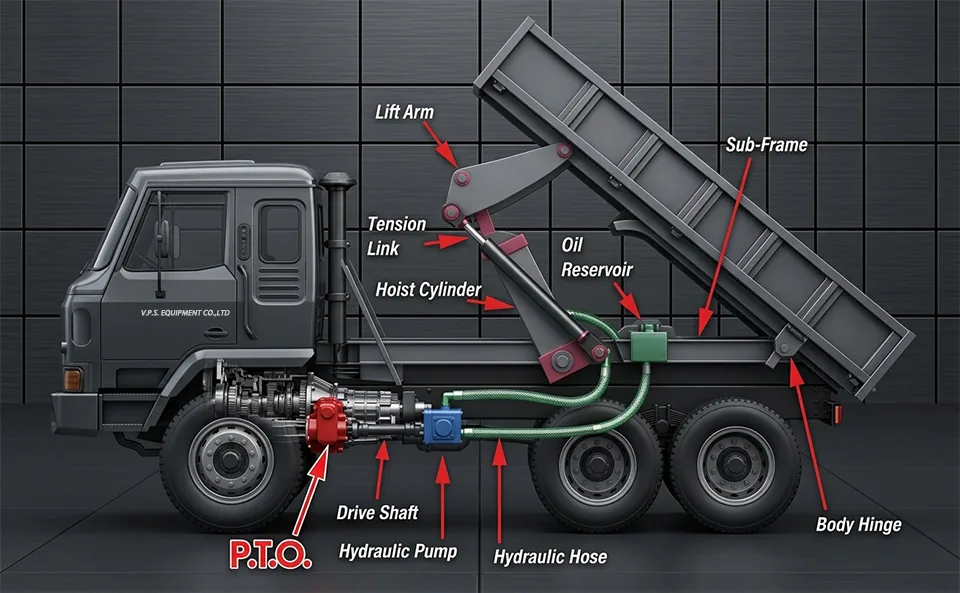 Diagram of a truck hydraulic system: engine, gearbox, PTO, hydraulic pump, tank, valve and cylinder