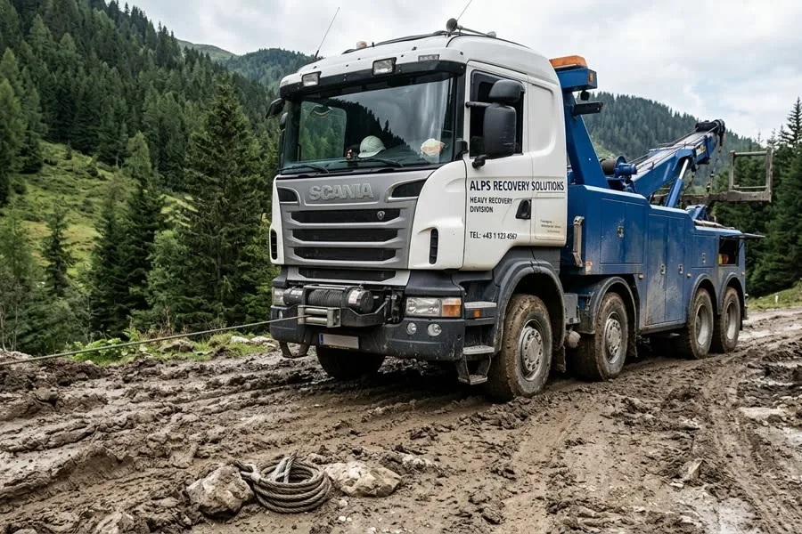 รถลาก — heavy recovery tow truck with a PTO-driven hydraulic boom